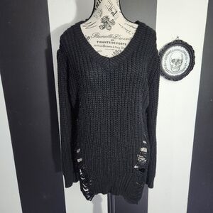 Gothic Distressed Black V-Neck Sweater